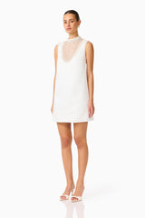 Espera Shift Mini Dress in White with collared neckline & front sheer pearl panel side shot