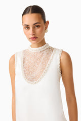Espera Shift Mini Dress in White with collared neckline & front sheer pearl panel detai shot