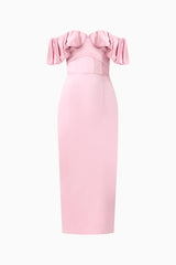 Espera Off Shoulder Midi Dress in Rose Pink with slim fit silhouette and a column skirt ghost shot
