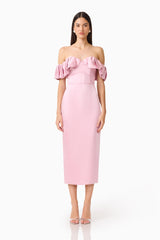 Espera Off Shoulder Midi Dress in Rose Pink with slim fit silhouette and a column skirt front shot