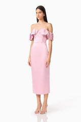 Espera Off Shoulder Midi Dress in Rose Pink with slim fit silhouette and a column skirt side shot