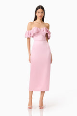 Espera Off Shoulder Midi Dress in Rose Pink with slim fit silhouette and a column skirt posed shot