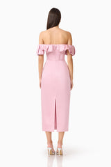 Espera Off Shoulder Midi Dress in Rose Pink with slim fit silhouette and a black slit back shot