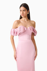 Espera Off Shoulder Midi Dress in Rose Pink with slim fit silhouette and a column skirt close up shot