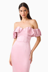 Espera Off Shoulder Midi Dress in Rose Pink with slim fit silhouette and a column skirt detail shot