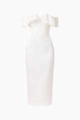Espera Off Shoulder Midi Dress in White with slim fit silhouette and a column skirt ghost shot
