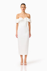Espera Off Shoulder Midi Dress in White with slim fit silhouette and a column skirt front shot