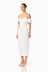 Espera Off Shoulder Midi Dress in White with slim fit silhouette and a column skirt side shot