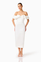 Espera Off Shoulder Midi Dress in White with slim fit silhouette and a column skirt posed shot