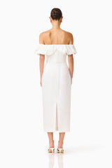 Espera Off Shoulder Midi Dress in White with slim fit silhouette and back slit back shot
