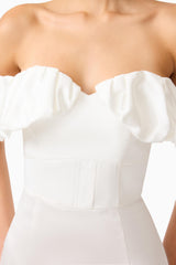 Espera Off Shoulder Midi Dress in White with a soft pleating across the bust detail shot