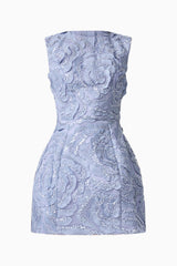 Elisa Tulip Mini Dress in Steel Blue front shot with a round neckline & lace fabrication ghost shot