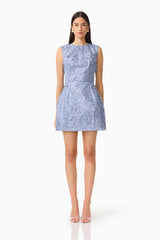 Elisa Tulip Mini Dress in Steel Blue front shot with a round neckline & lace fabrication front shot