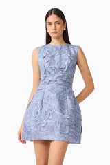 Elisa Tulip Mini Dress in Steel Blue front shot with a round neckline & lace fabrication close up shot