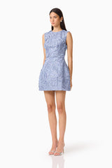 Elisa Tulip Mini Dress in Steel Blue front shot with a round neckline & lace fabrication side shot