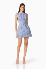Elisa Tulip Mini Dress in Steel Blue front shot with a round neckline & lace fabrication posed shot