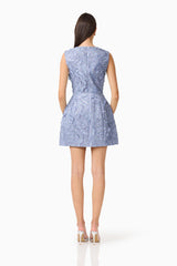 Elisa Tulip Mini Dress in Steel Blue front shot with a back zipper & lace fabrication back shot