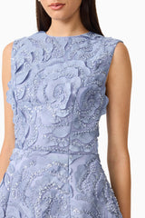 Elisa Tulip Mini Dress in Steel Blue front shot with a round neckline & lace fabrication detail shot