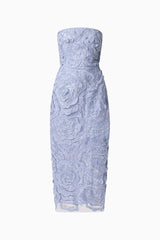 Elisa Column Midi Dress in Steel Blue front shot with lace fabrication and a fitted bodice ghost shot 