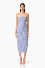 Elisa Column Midi Dress in Steel Blue front shot with lace fabrication and a fitted bodice font shot 