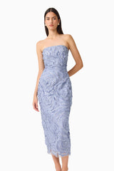 Elisa Column Midi Dress in Steel Blue front shot with lace fabrication and a fitted bodice close up shot 