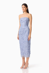 Elisa Column Midi Dress in Steel Blue front shot with lace fabrication and a fitted bodice side shot 
