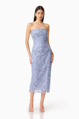 Elisa Column Midi Dress in Steel Blue front shot with lace fabrication and a fitted bodice posed shot 