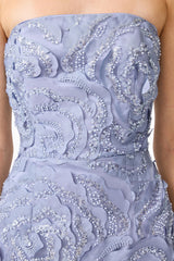 Elisa Column Midi Dress in Steel Blue front shot with lace fabrication and a fitted bodice detail shot 