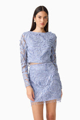 Elisa Top & Skirt Set in Steel Blue with beaded trim detailing close up shot