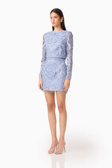Elisa Top & Skirt Set in Steel Blue with beaded trim detailing side shot