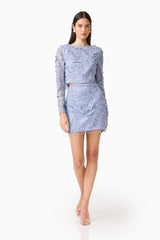 Elisa Top & Skirt Set in Steel Blue with beaded trim detailing posed shot