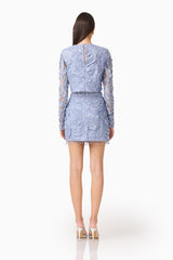 Elisa Top & Skirt Set in Steel Blue with beaded trim detailing and a button back back shot