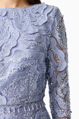 Elisa Top & Skirt Set in Steel Blue with beaded trim detailing detail shot