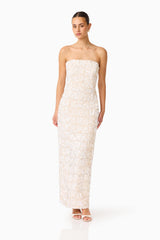 Silvana Column Gown in Cream with embellishments posed shot