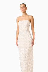 Silvana Column Gown in Cream with embellishments close up shot