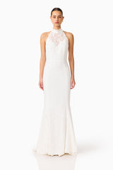 Clarisse Halter Neck Gown in White with collared halter neck Sheer lace bodice detail front shot 