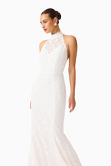 Clarisse Halter Neck Gown in White with collared halter neck Sheer lace bodice detail close up shot 