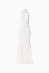 Clarisse Halter Neck Gown in White with collared halter neck Sheer lace bodice detail ghost shot 