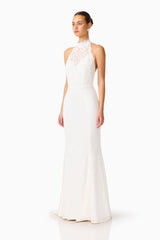 Clarisse Halter Neck Gown in White with collared halter neck Sheer lace bodice detail side shot 