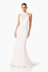 Clarisse Halter Neck Gown in White with collared halter neck Sheer lace bodice detail posed shot 