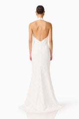 Clarisse Halter Neck Gown in White with open low back and button details back shot 