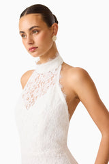 Clarisse Halter Neck Gown in White with collared halter neck Sheer lace bodice detail detail shot 