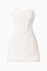 Clarisse Tulip Mini Dress in White with corset bodice & lace trim ghost shot