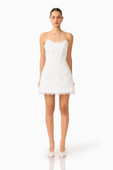 Clarisse Tulip Mini Dress in White with corset bodice & lace trim front shot