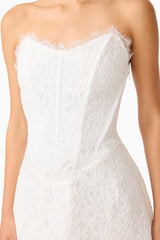 Clarisse Tulip Mini Dress in White with corset bodice & lace trim detail shot