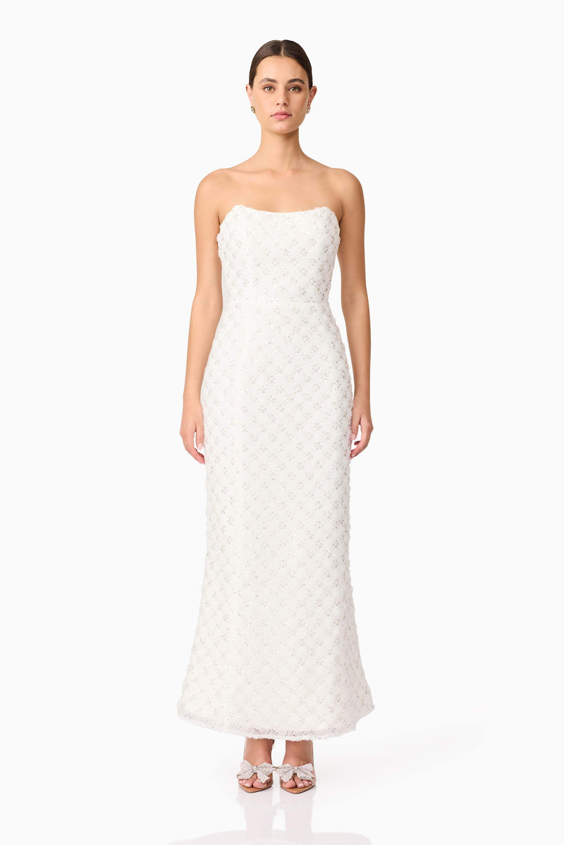 Brunette model wearing Lola Strapless Gown in White front shot