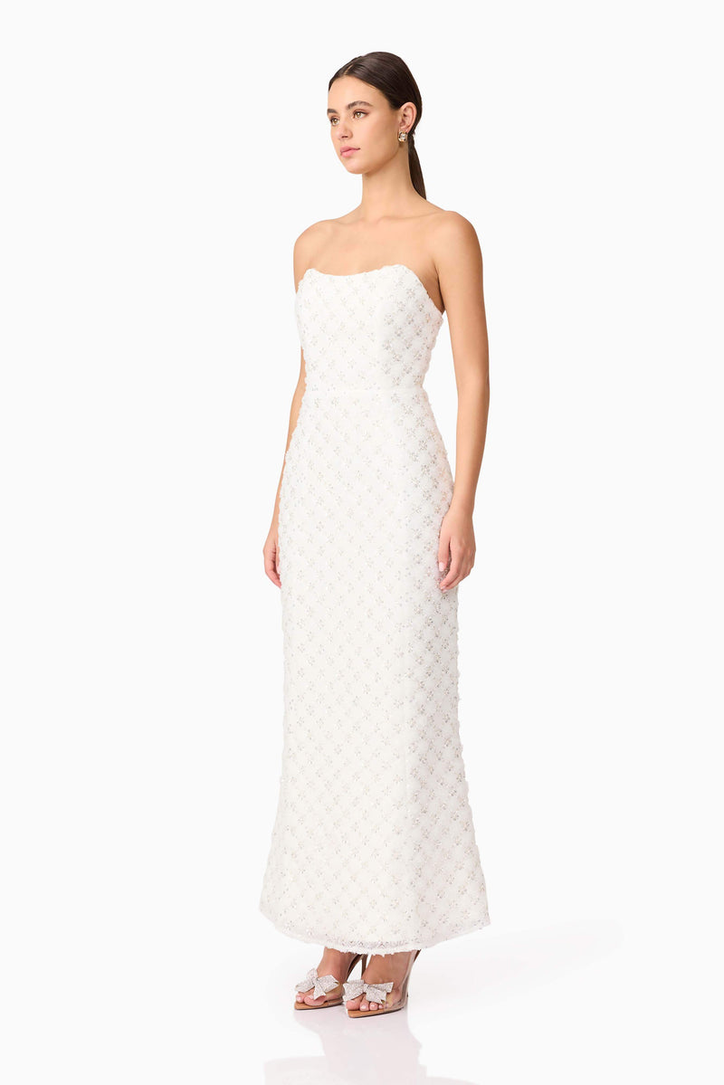 Brunette model wearing Lola Strapless Gown in White side shot
