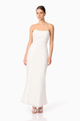 Brunette model wearing Lola Strapless Gown in White posed shot