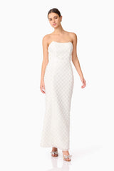 Brunette model wearing Lola Strapless Gown in White front posed shot