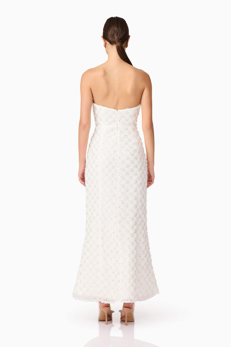 Brunette model wearing Lola Strapless Gown in White back shot